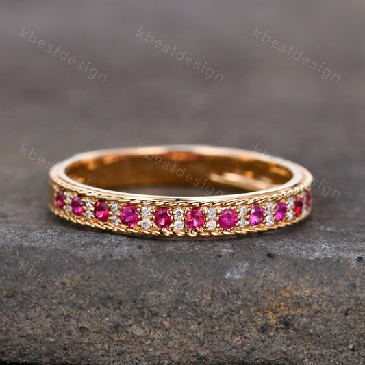 Vintage Ruby wedding band Yellow gold ruby moissanite wedding ring unique Antique stacking band July birthstone ring anniversary gift