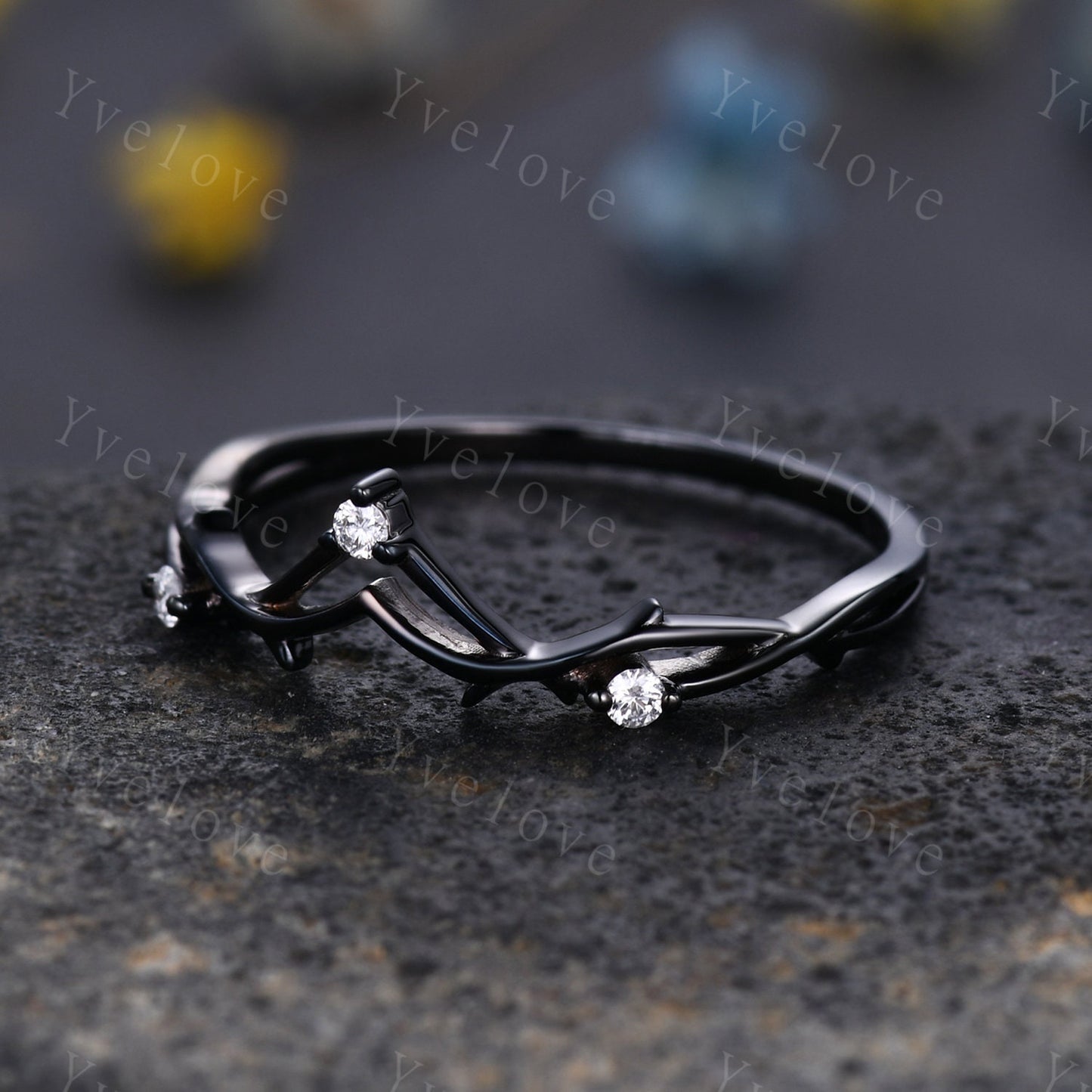 Minimalist Twig Engagement Ring,Twig Matching Band,Women Vine Diamond Band,Art Deco V Curved Branch Diamond Wedding Band,Black Gold Ring