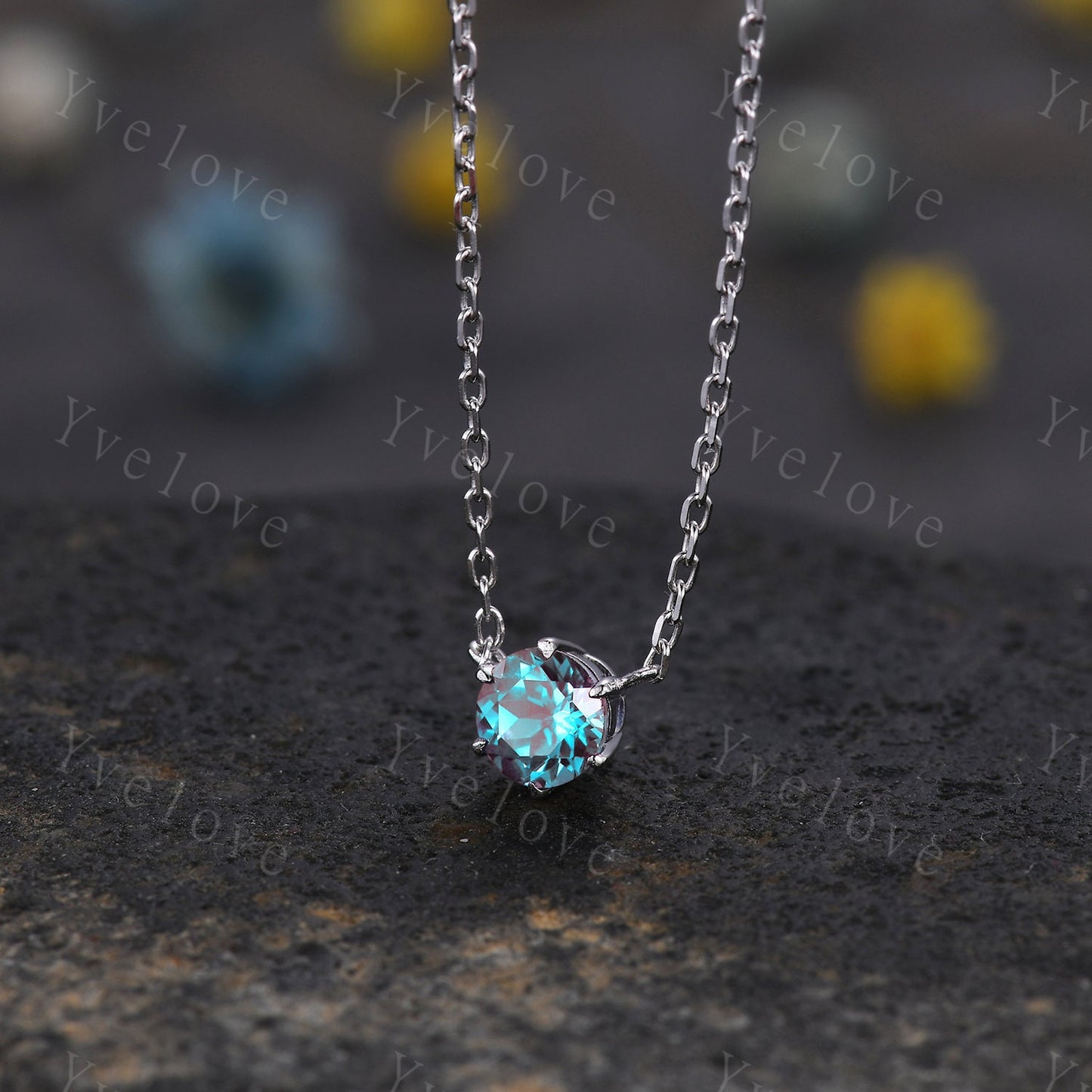 Unique 5mm round shape Alexandrite Pendant,Alexandrite Necklace,Silver Art Deco Necklace,June Gift,Vintage Women Bridal Anniversary Gift