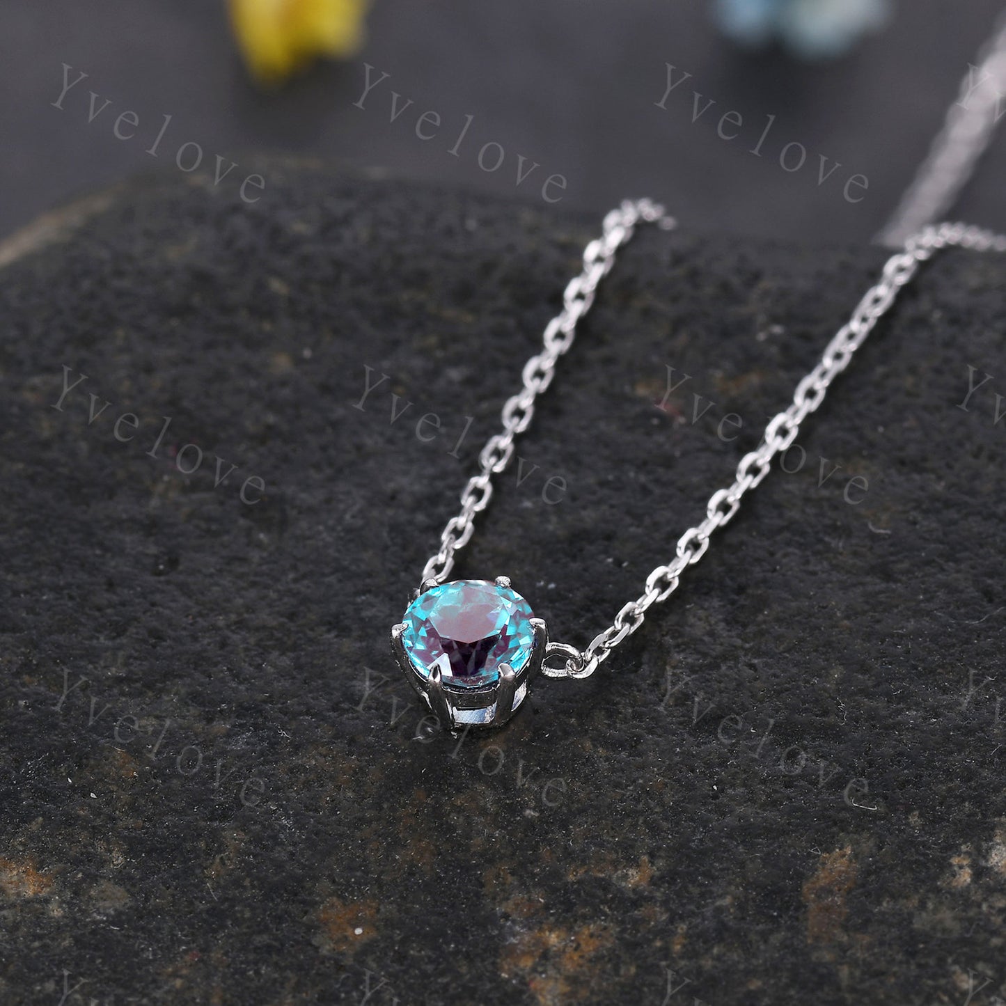 Unique 5mm round shape Alexandrite Pendant,Alexandrite Necklace,Silver Art Deco Necklace,June Gift,Vintage Women Bridal Anniversary Gift