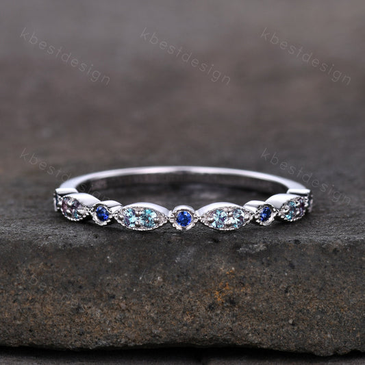 Alexandrite and Sapphire Ring, Silver Alexandrite Wedding Band, Unique Art Deco Gemstone Band, June Birthstone Ring, Anniversary Ring