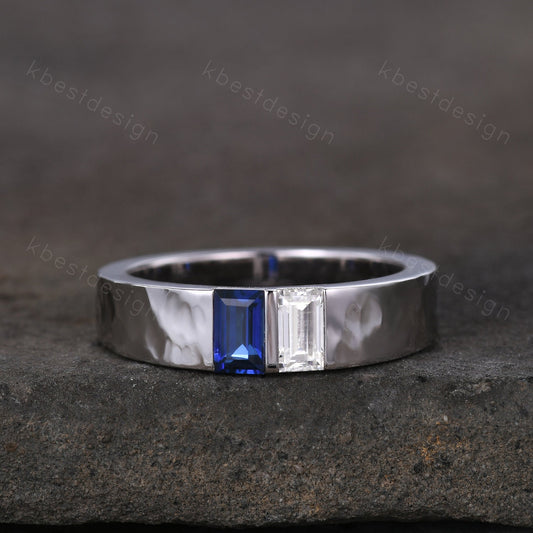 Mens Blue Sapphire Wedding Band Baguette cut Moissanite Wedding Ring 5MM Solid Gold Ring Mens Hammered Stacking Matching Band Personalized