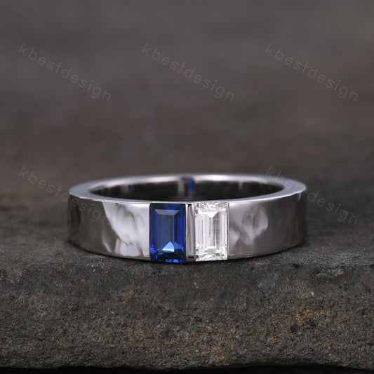Mens Blue Sapphire Wedding Band Baguette cut Moissanite Wedding Ring 5MM Solid Gold Ring Mens Hammered Stacking Matching Band Personalized