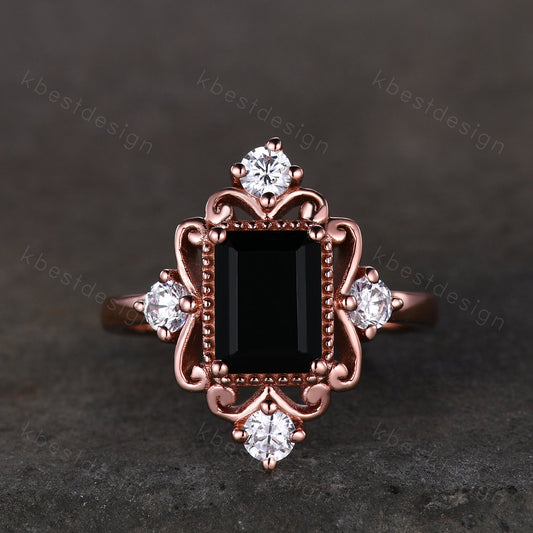 Vintage black onyx engagement ring 6x8mm emerald cut black onyx ring unique antique moissanite ring black stone ring rose gold Bridal ring