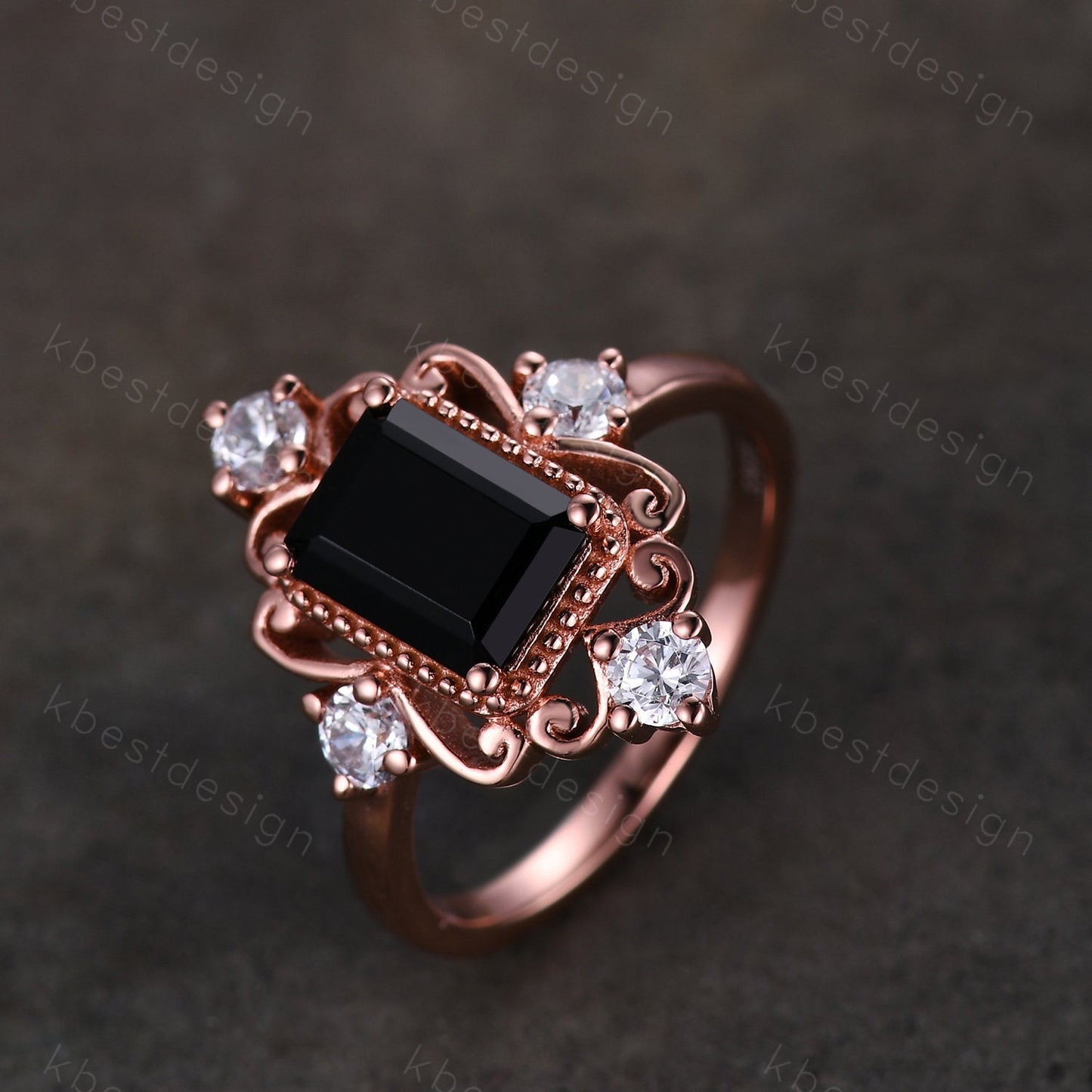 Vintage black onyx engagement ring 6x8mm emerald cut black onyx ring unique antique moissanite ring black stone ring rose gold Bridal ring