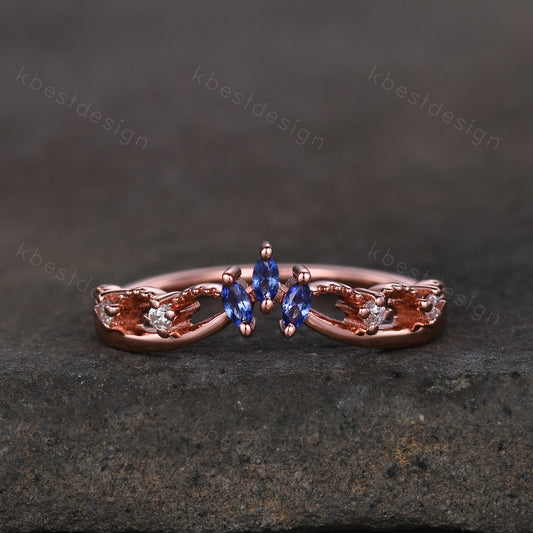 Unique curved blue sapphire wedding band art deco rose gold rings for women marquise cut blue sapphire ring antique moissanite stacking band