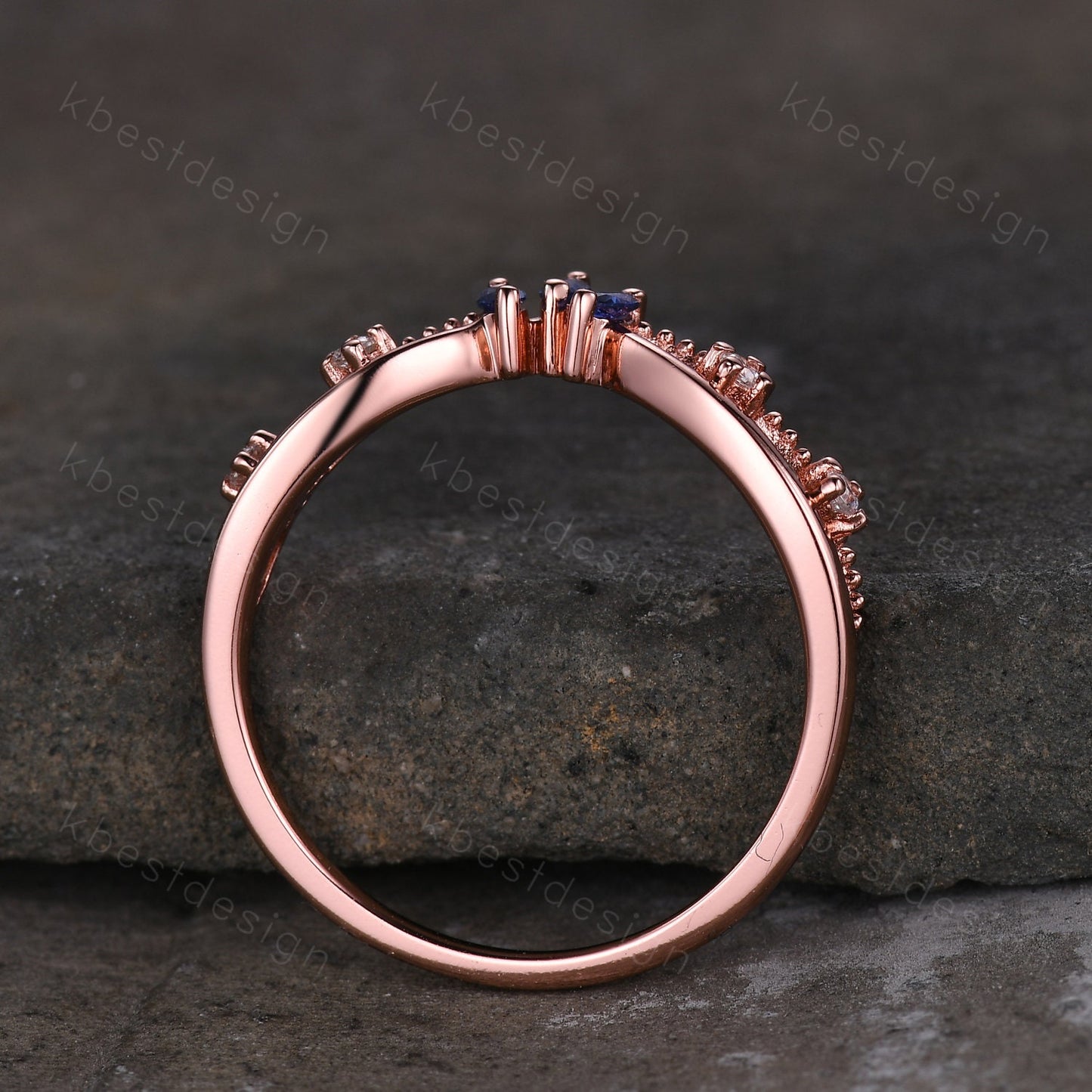 Unique curved blue sapphire wedding band art deco rose gold rings for women marquise cut blue sapphire ring antique moissanite stacking band