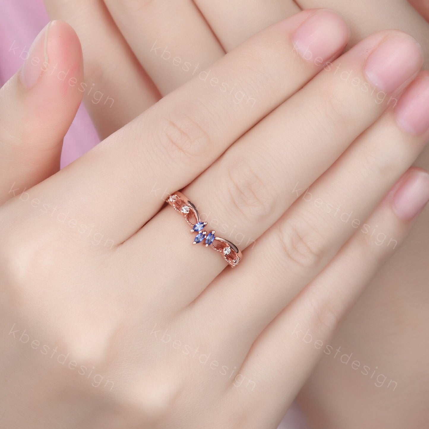 Unique curved blue sapphire wedding band art deco rose gold rings for women marquise cut blue sapphire ring antique moissanite stacking band