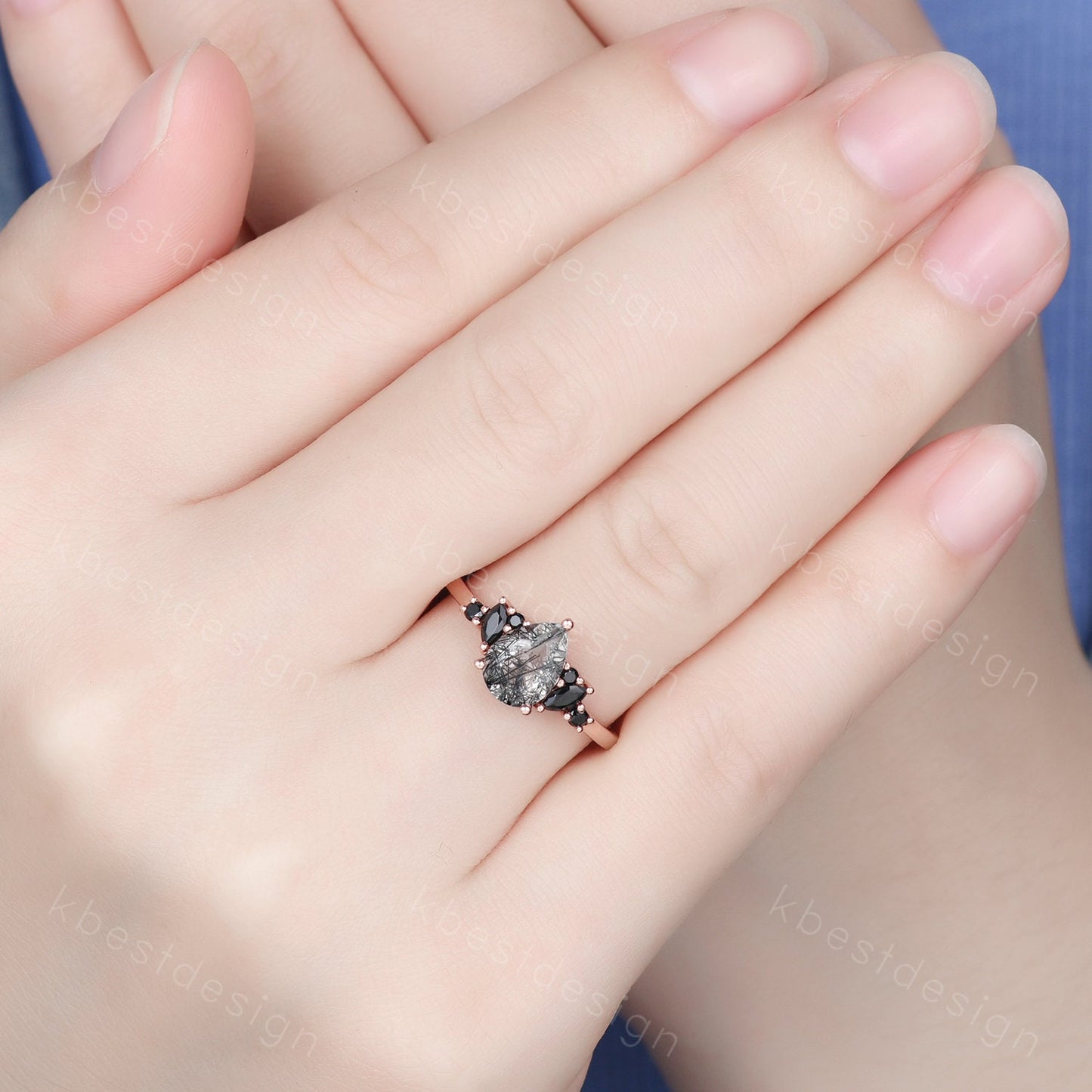 Vintage black rutilated quartz engagement ring sterling silver ring art deco cluster ring pear shaped bridal ring unique black spinel ring