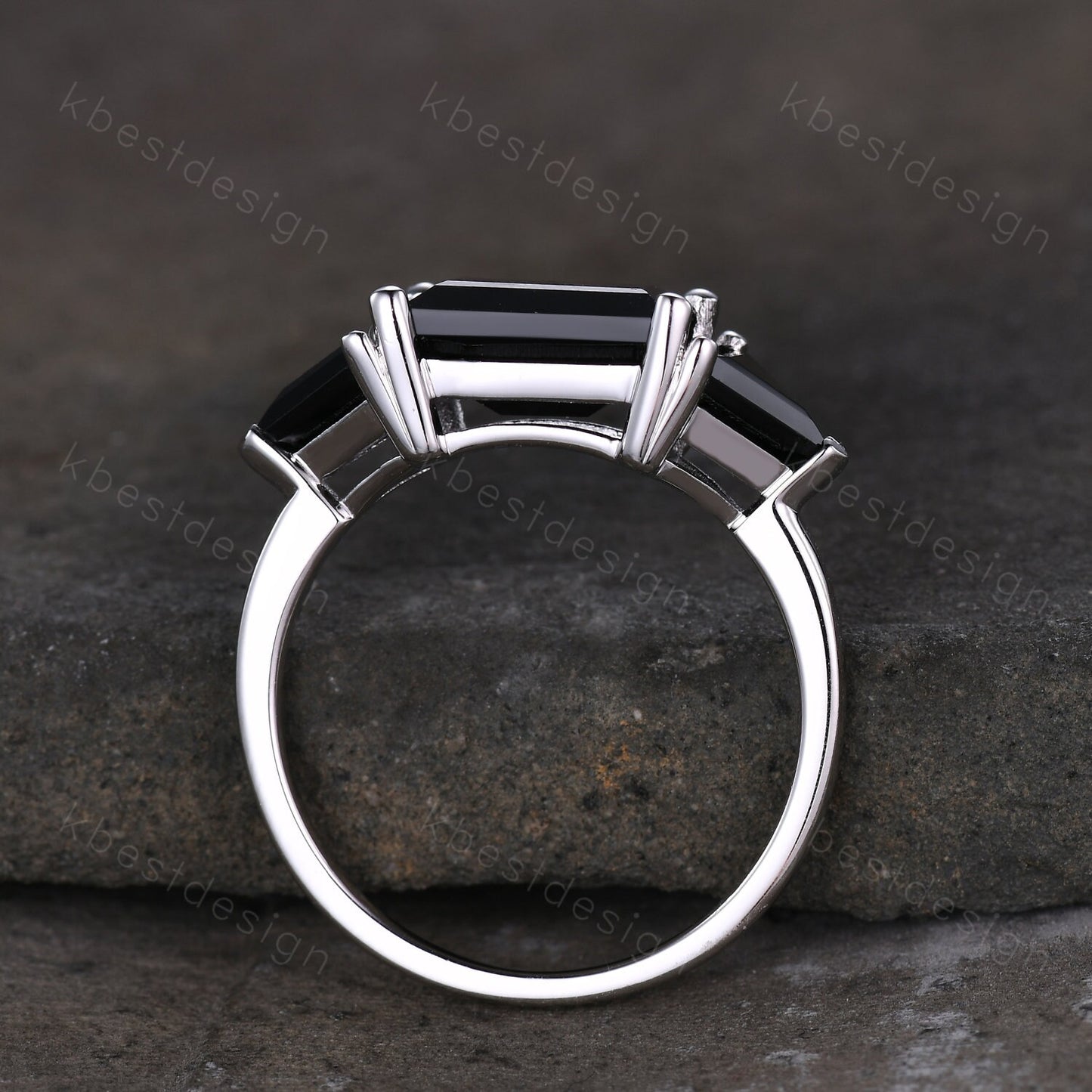 Emerald cut Black Onyx engagement ring unique Triangle cut black Onyx ring sterling silver ring Three stone ring art deco wedding ring