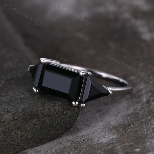 Emerald cut Black Onyx engagement ring unique Triangle cut black Onyx ring sterling silver ring Three stone ring art deco wedding ring