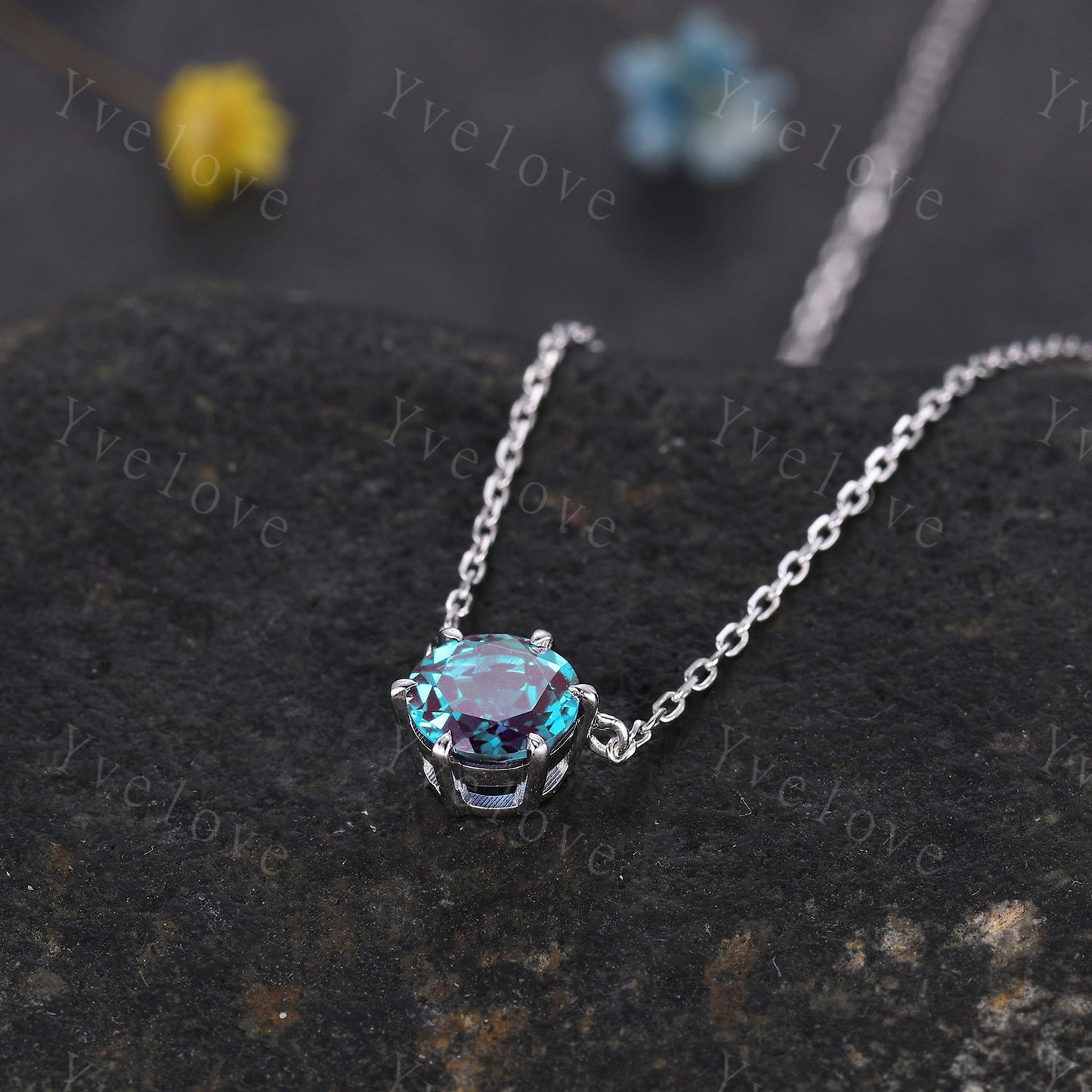 Unique 7mm round shape Alexandrite Pendant,Alexandrite Necklace,Silver Art Deco Necklace,June Gift,Vintage Women Bridal Anniversary Gift