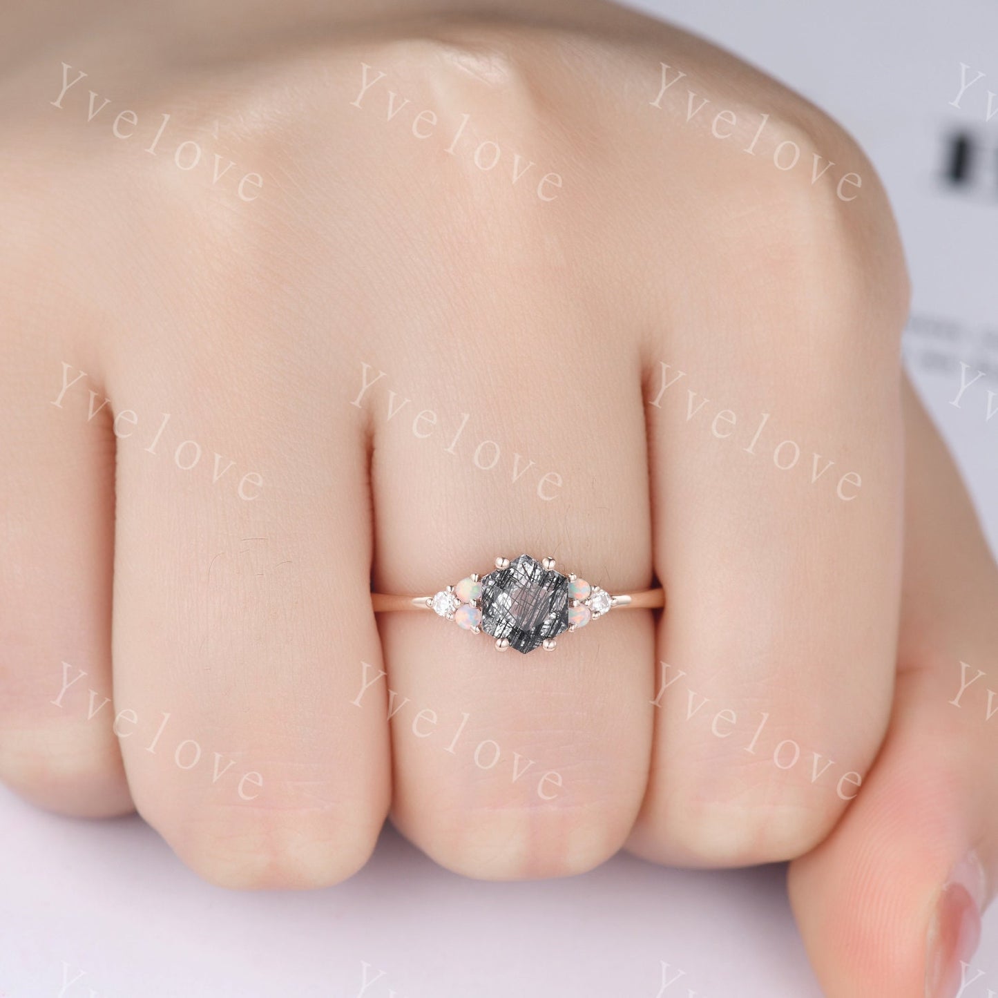 Unique Hexagon Black Rutilated Quartz Engagement Ring,White Fire Opal Diamond Rings,Black Silver Ring,Vintage Women Gift Bridal Promise Ring