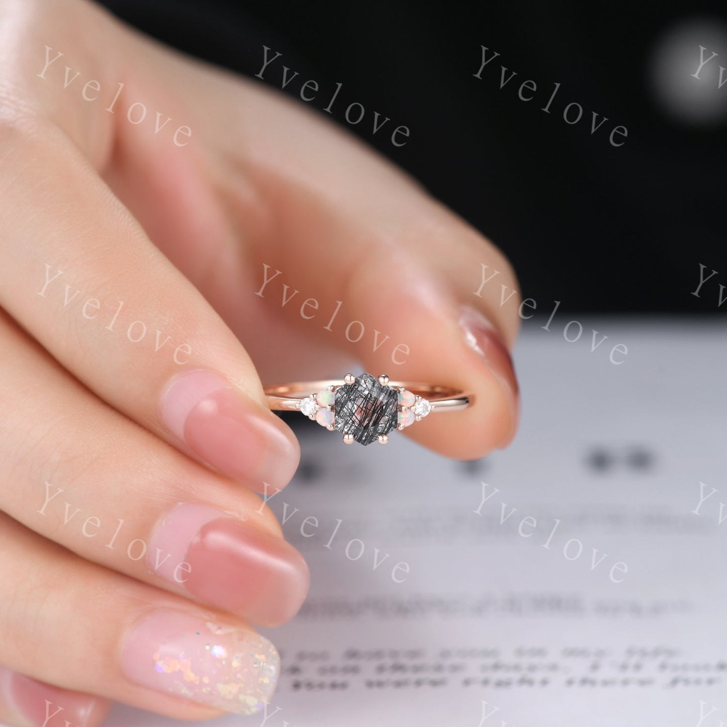 Unique Hexagon Black Rutilated Quartz Engagement Ring Set,Opal Diamond Rings,Marquise Black onyx,Cluster Ring,Vintage Women Gift Bridal Set