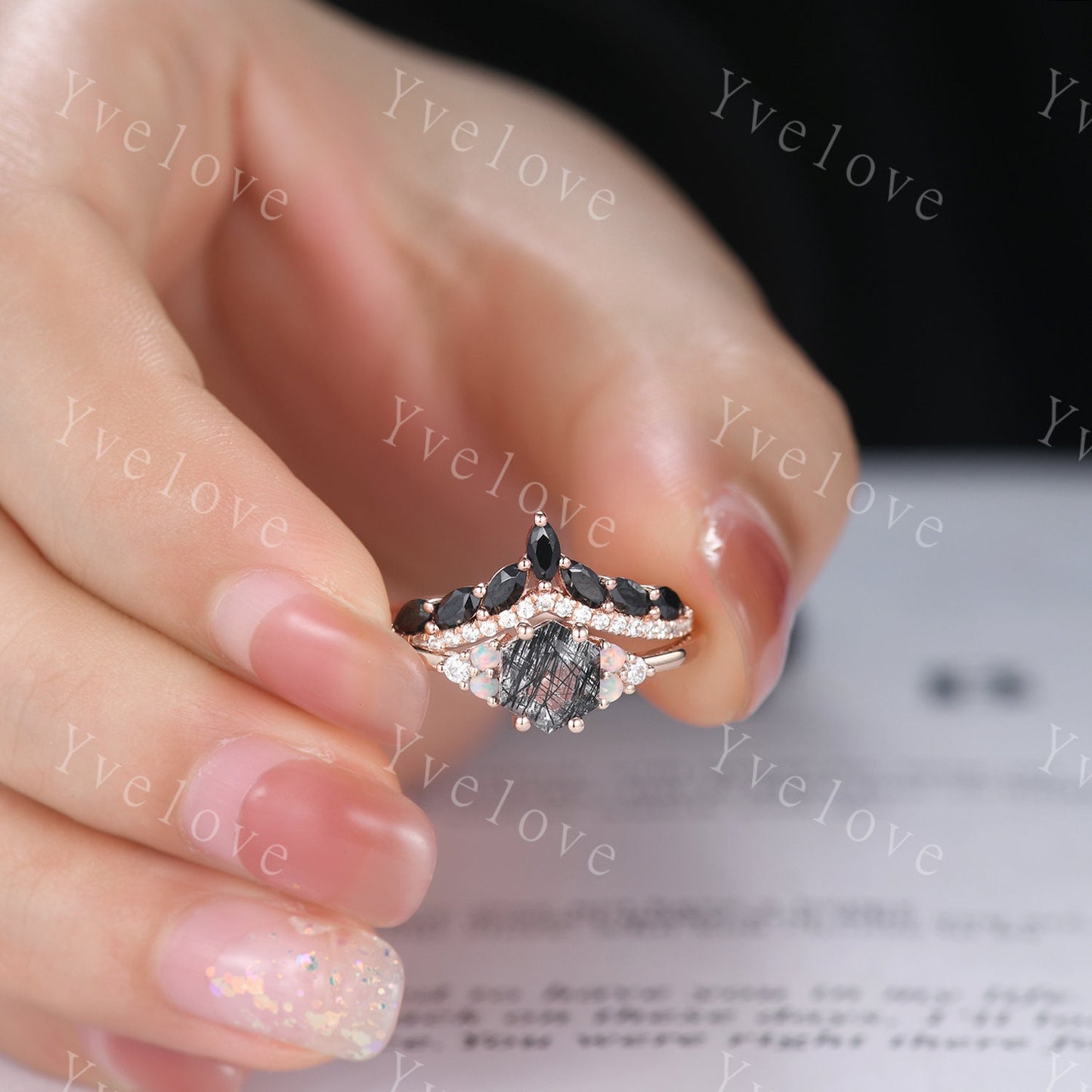 Unique Hexagon Black Rutilated Quartz Engagement Ring Set,Opal Diamond Rings,Marquise Black onyx,Cluster Ring,Vintage Women Gift Bridal Set