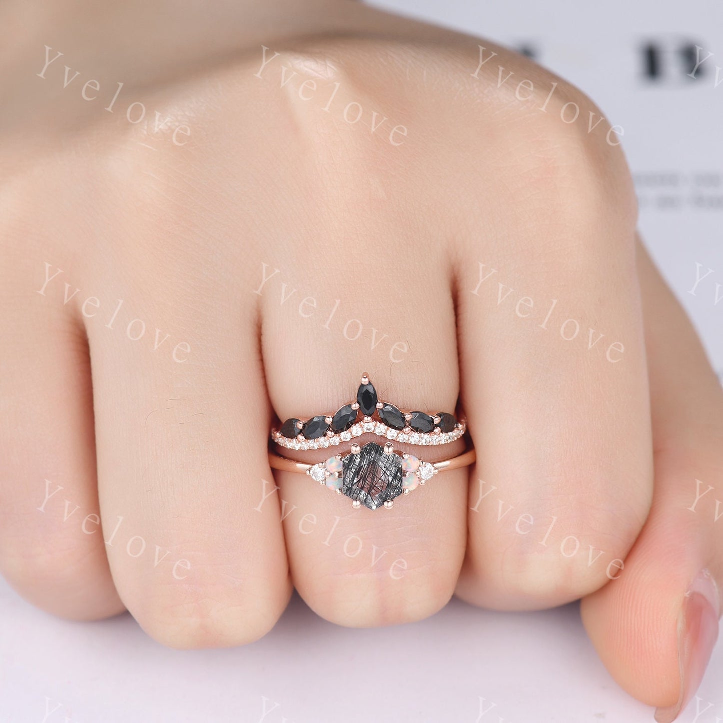 Unique Hexagon Black Rutilated Quartz Engagement Ring Set,Opal Diamond Rings,Marquise Black onyx,Cluster Ring,Vintage Women Gift Bridal Set