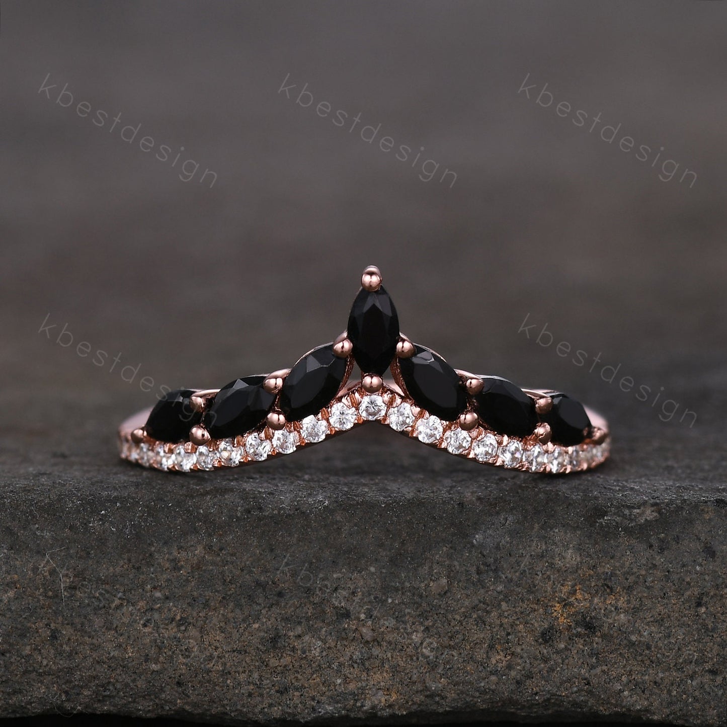 Unique Curved Black Onyx Wedding Band Vintage Marquise cut Black Onyx Cluster Ring Women Rose Gold Moissanite Stacking Bridal Wedding Ring