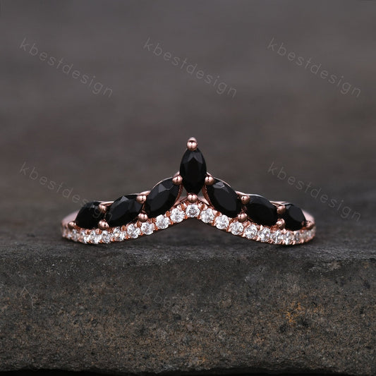 Unique Curved Black Onyx Wedding Band Vintage Marquise cut Black Onyx Cluster Ring Women Rose Gold Moissanite Stacking Bridal Wedding Ring