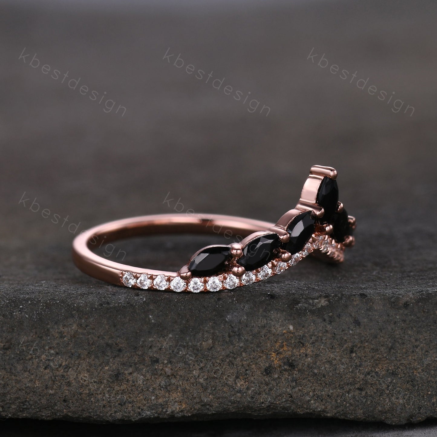 Unique Curved Black Onyx Wedding Band Vintage Marquise cut Black Onyx Cluster Ring Women Rose Gold Moissanite Stacking Bridal Wedding Ring