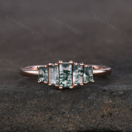 Vintage Baguette cut Moss Agate Wedding Band Unique Green Agate Cluster Ring Rose Gold Antique Five Stone Women Bridal Promise Ring