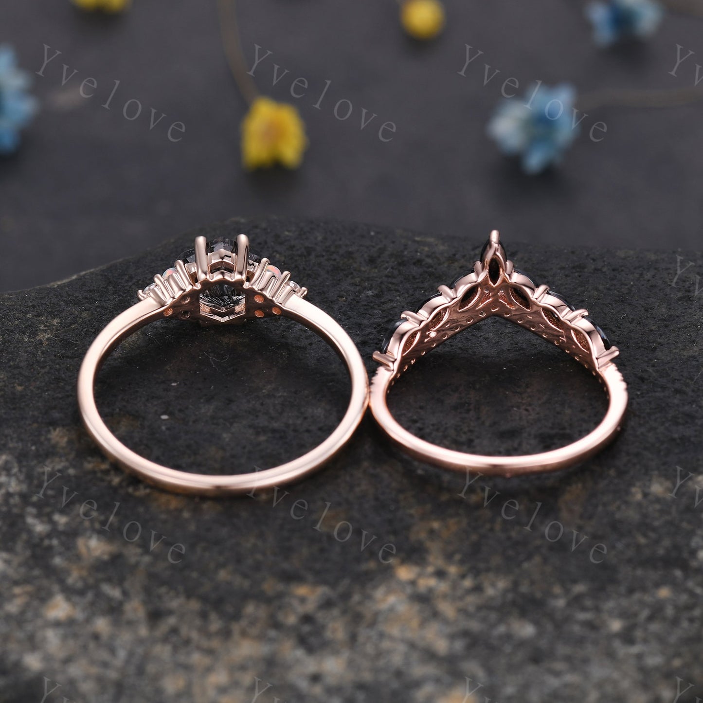 Unique Hexagon Black Rutilated Quartz Engagement Ring Set,Opal Diamond Rings,Marquise Black onyx,Cluster Ring,Vintage Women Gift Bridal Set
