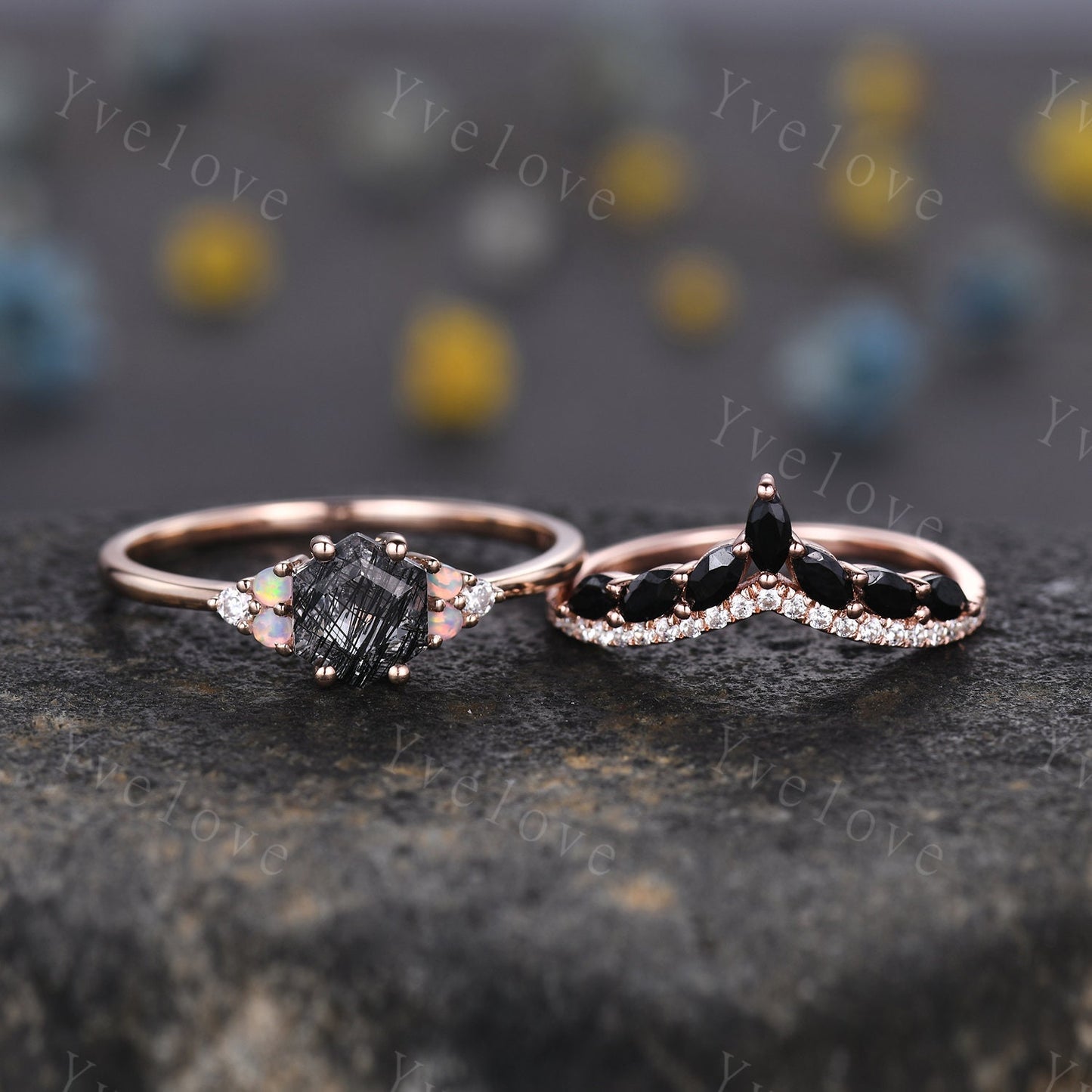 Unique Hexagon Black Rutilated Quartz Engagement Ring Set,Opal Diamond Rings,Marquise Black onyx,Cluster Ring,Vintage Women Gift Bridal Set
