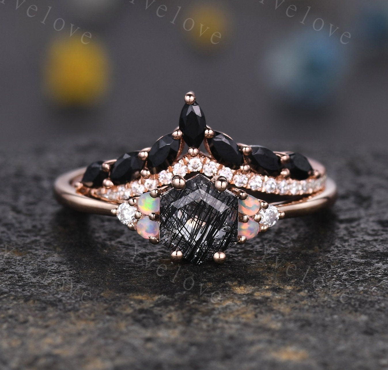 Unique Hexagon Black Rutilated Quartz Engagement Ring Set,Opal Diamond Rings,Marquise Black onyx,Cluster Ring,Vintage Women Gift Bridal Set