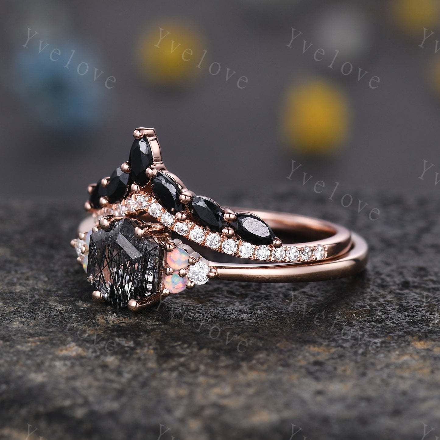Unique Hexagon Black Rutilated Quartz Engagement Ring Set,Opal Diamond Rings,Marquise Black onyx,Cluster Ring,Vintage Women Gift Bridal Set
