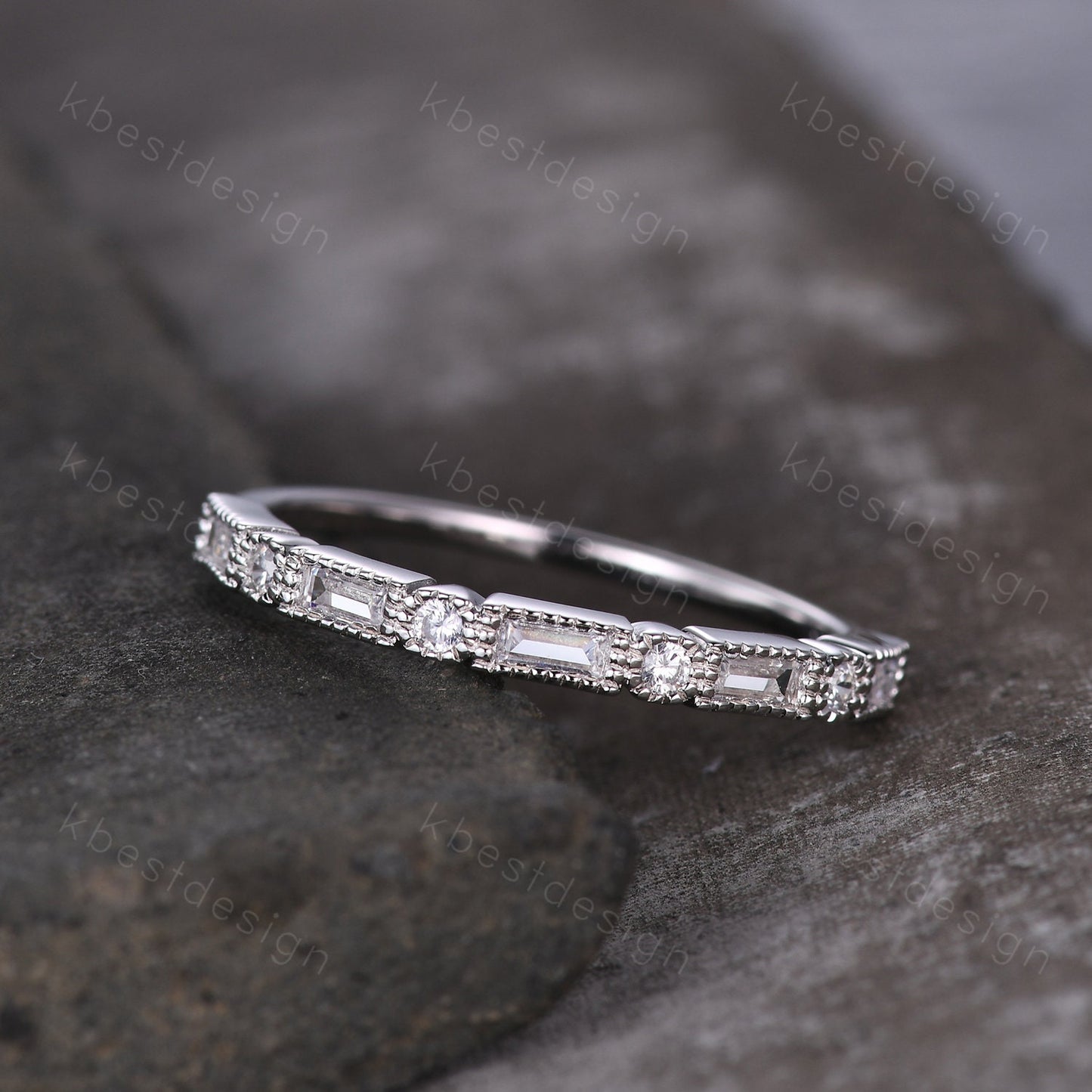 Baguette cut Moissanite wedding band unique art deco half eternity band for women wedding stacking matching band anniversary gift for her