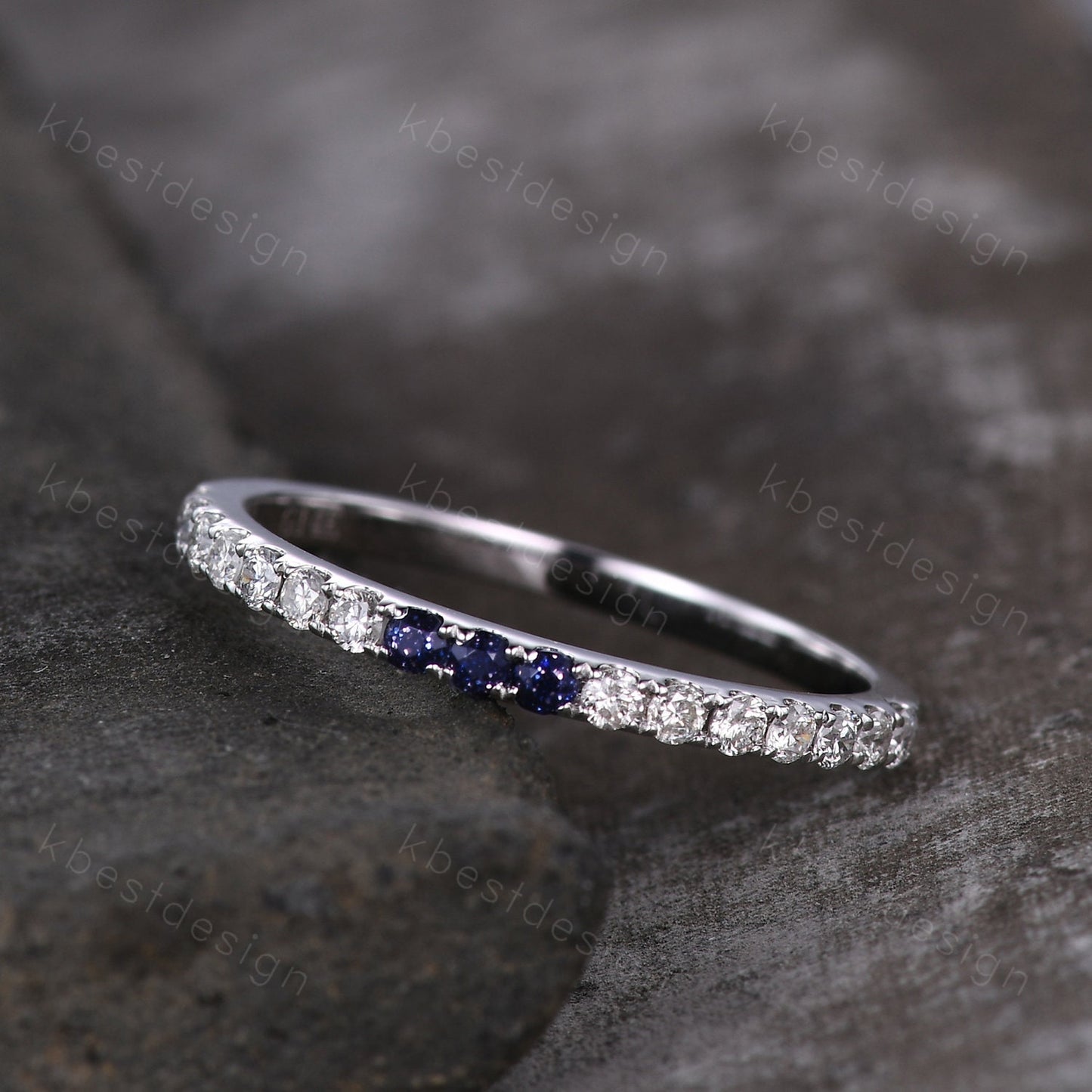 Dainty blue sandstone Moissanite wedding band 1.5mm half eternity band women silver stacking matching band minimalist bridal wedding ring