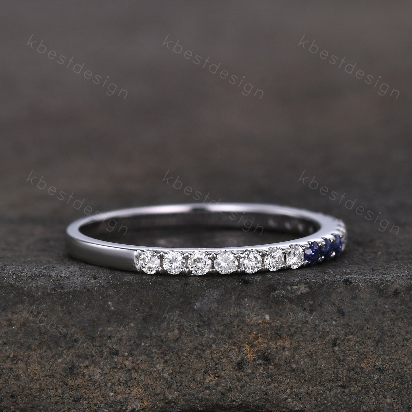 Dainty blue sandstone Moissanite wedding band 1.5mm half eternity band women silver stacking matching band minimalist bridal wedding ring