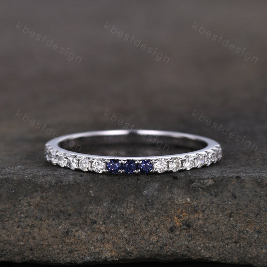 Dainty blue sandstone Moissanite wedding band 1.5mm half eternity band women silver stacking matching band minimalist bridal wedding ring