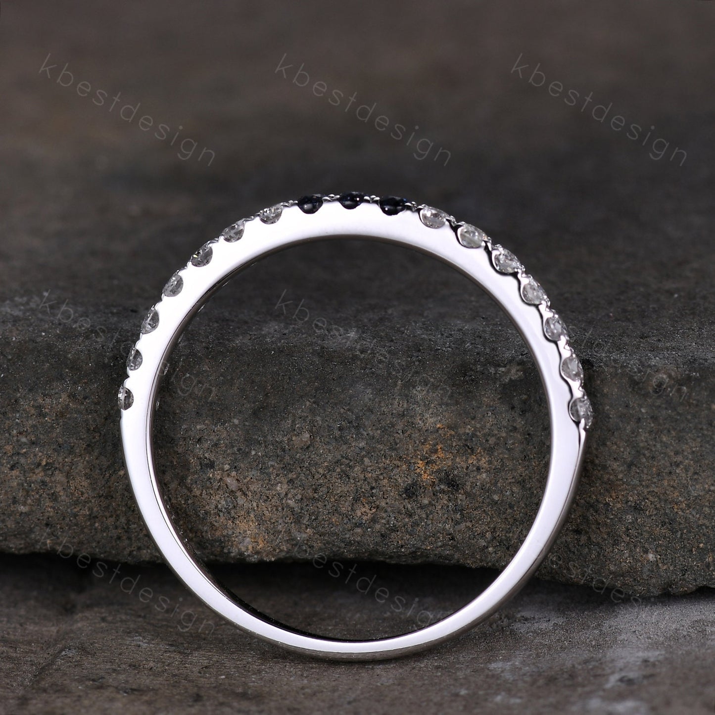 Dainty blue sandstone Moissanite wedding band 1.5mm half eternity band women silver stacking matching band minimalist bridal wedding ring