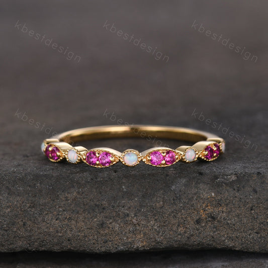 Ruby Opal Wedding Band, Half Eternity Wedding Band, Art Deco Stacking Band, Opal Wedding Ring, Ruby Ring, Anniversary Gift, Yellow gold ring