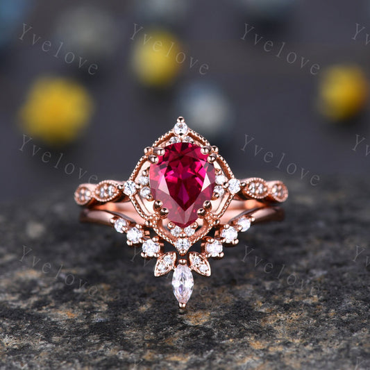 Vintage Red  Ruby Engagement Ring Set,6x8mm Pear Ruby Bridal Set,Moissanite Half Eternity Band,Solid Gold,Women Rings Gift For Her,Custom
