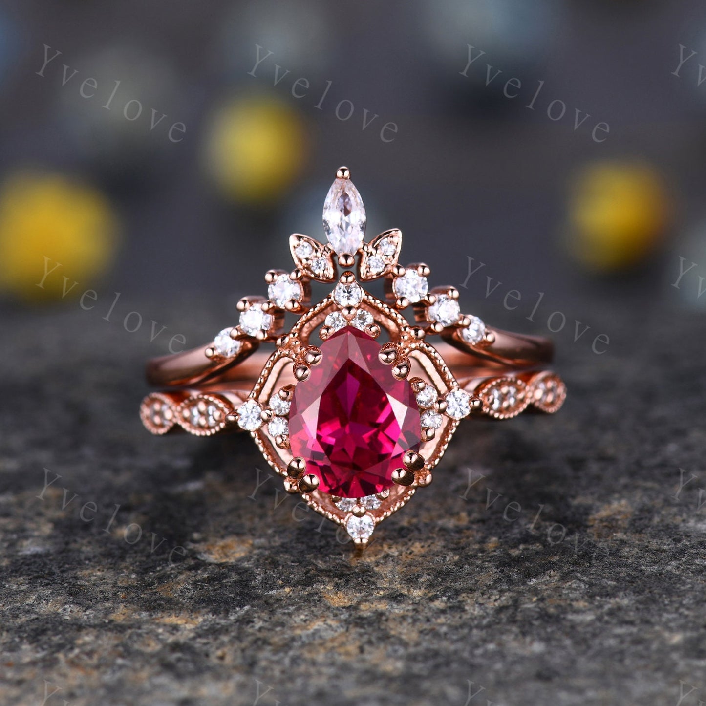 Vintage Red  Ruby Engagement Ring Set,6x8mm Pear Ruby Bridal Set,Moissanite Half Eternity Band,Solid Gold,Women Rings Gift For Her,Custom