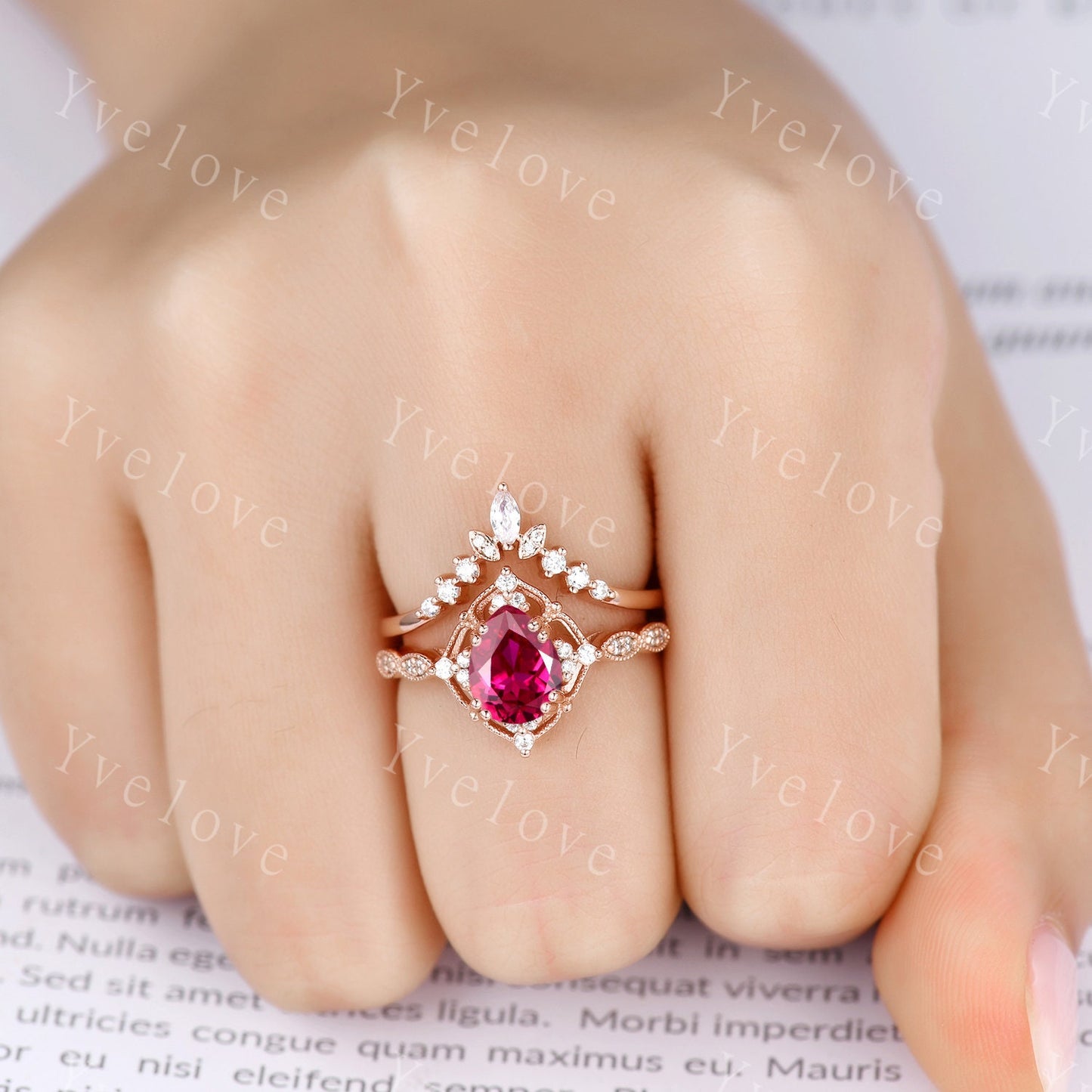 Vintage Red  Ruby Engagement Ring Set,6x8mm Pear Ruby Bridal Set,Moissanite Half Eternity Band,Solid Gold,Women Rings Gift For Her,Custom
