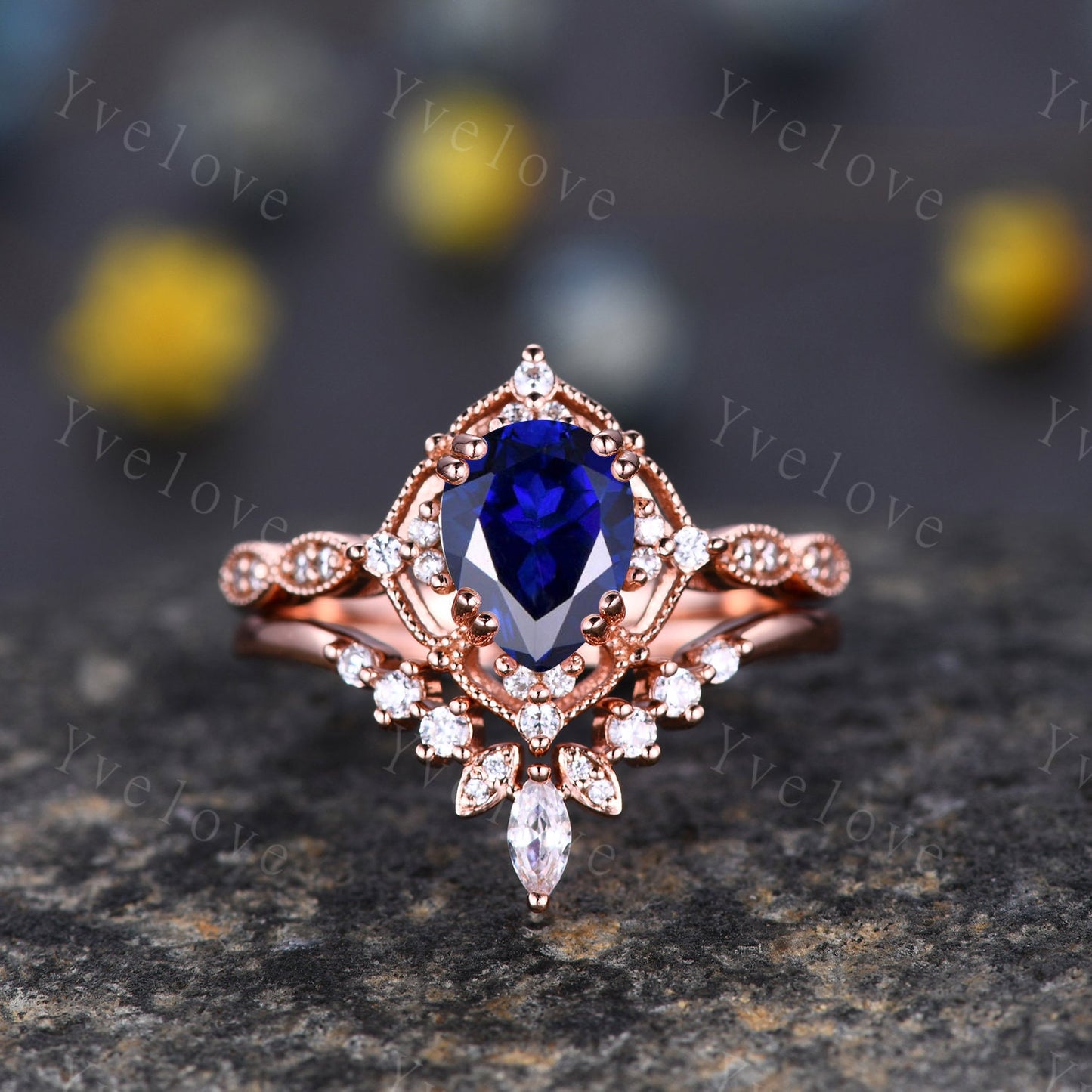 Vintage Red  Ruby Engagement Ring Set,6x8mm Pear Ruby Bridal Set,Moissanite Half Eternity Band,Solid Gold,Women Rings Gift For Her,Custom