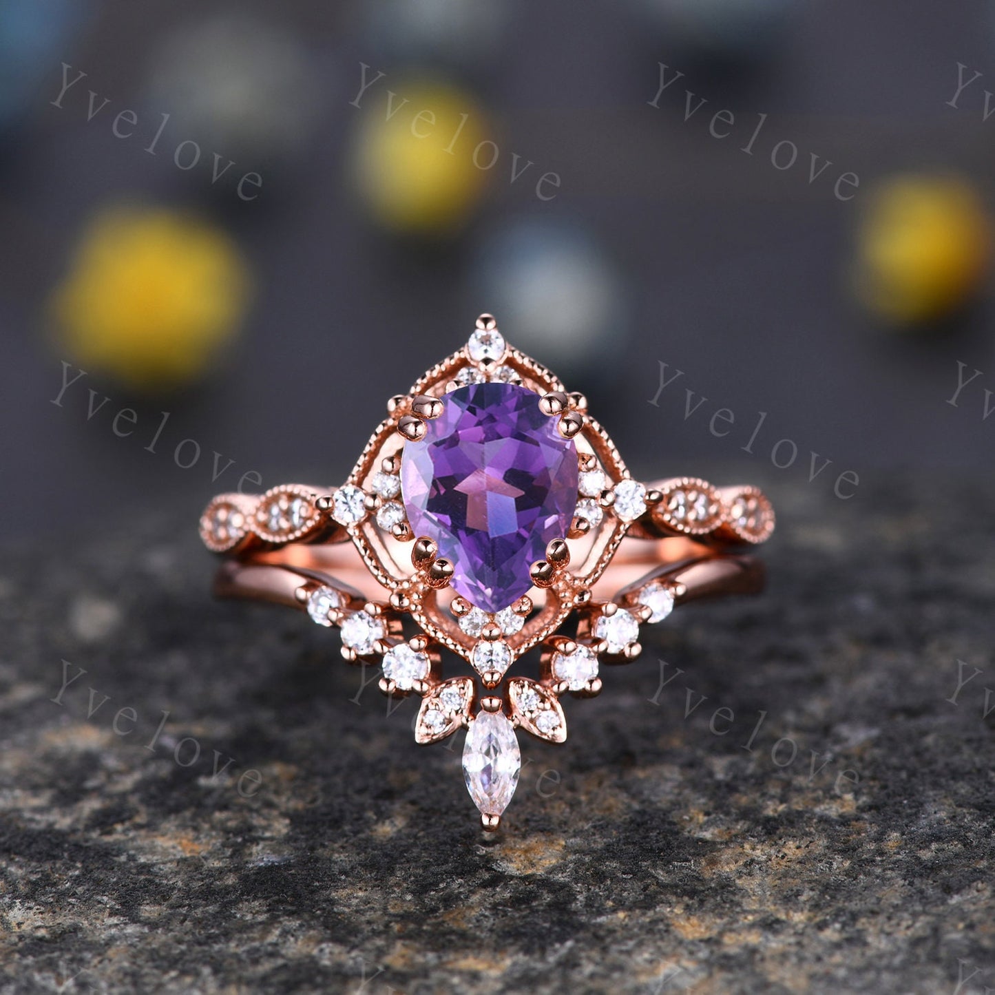 Vintage Red  Ruby Engagement Ring Set,6x8mm Pear Ruby Bridal Set,Moissanite Half Eternity Band,Solid Gold,Women Rings Gift For Her,Custom