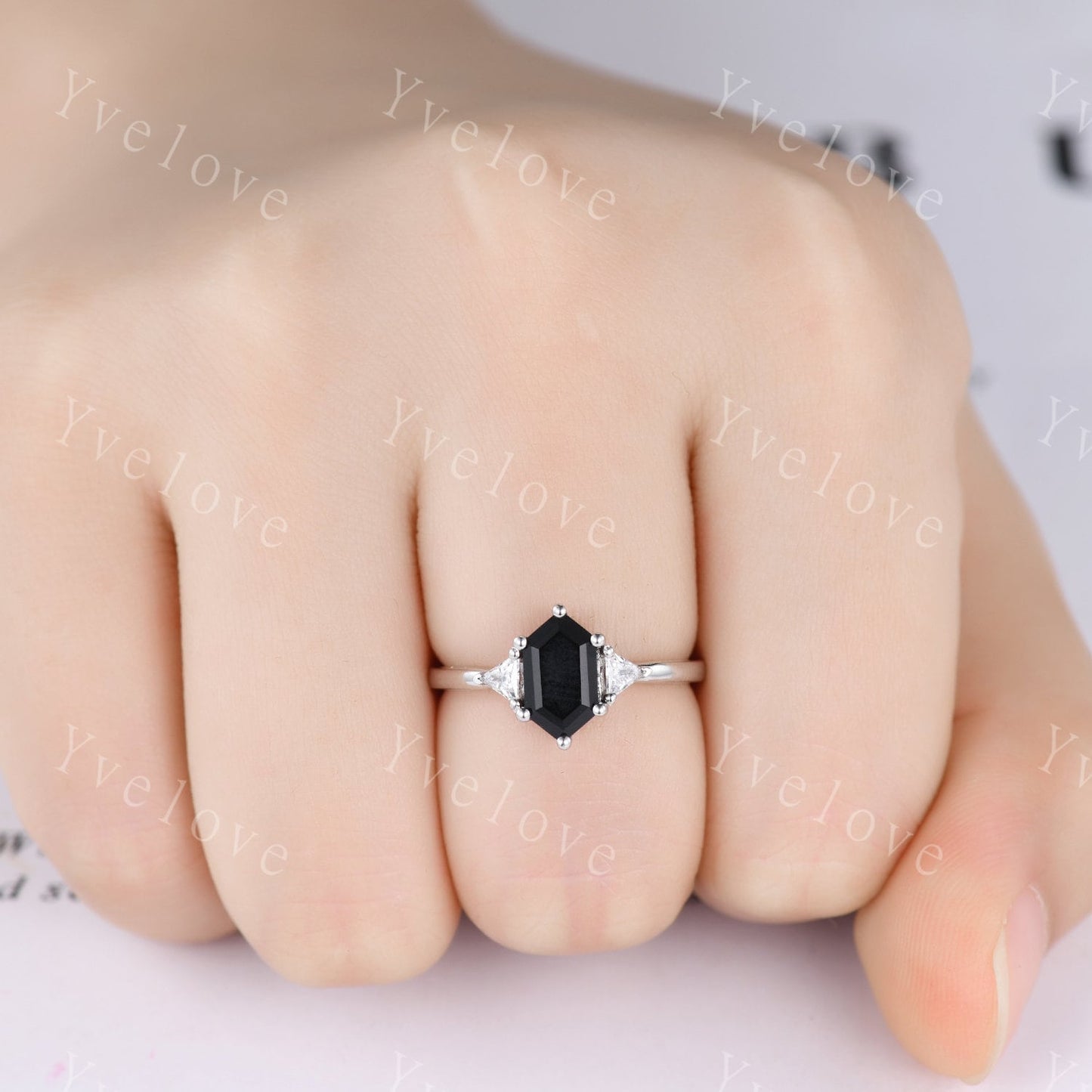 Vintage Hexagon Black Onyx Engagement Ring,Black Gems Ring,Silver Ring,Enhancer Band,Women Stacking Wedding Band,Anniversary Bridal Gift