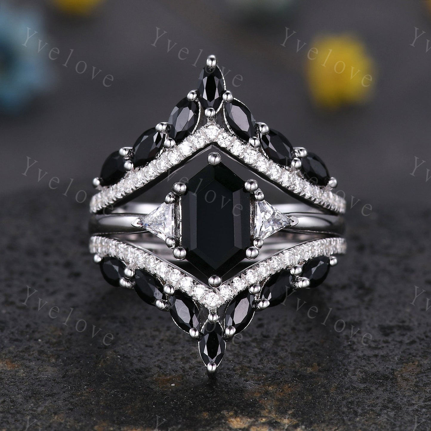 Vintage Hexagon Black Onyx Engagement Ring,Black Gems Ring,Silver Ring,Enhancer Band,Women Stacking Wedding Band,Anniversary Bridal Gift