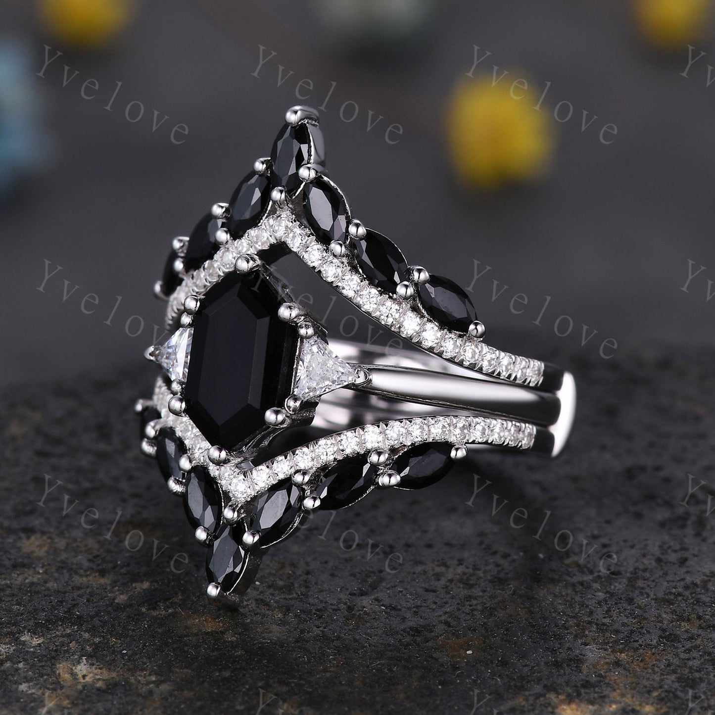 Vintage Hexagon Black Onyx Engagement Ring,Black Gems Ring,Silver Ring,Enhancer Band,Women Stacking Wedding Band,Anniversary Bridal Gift