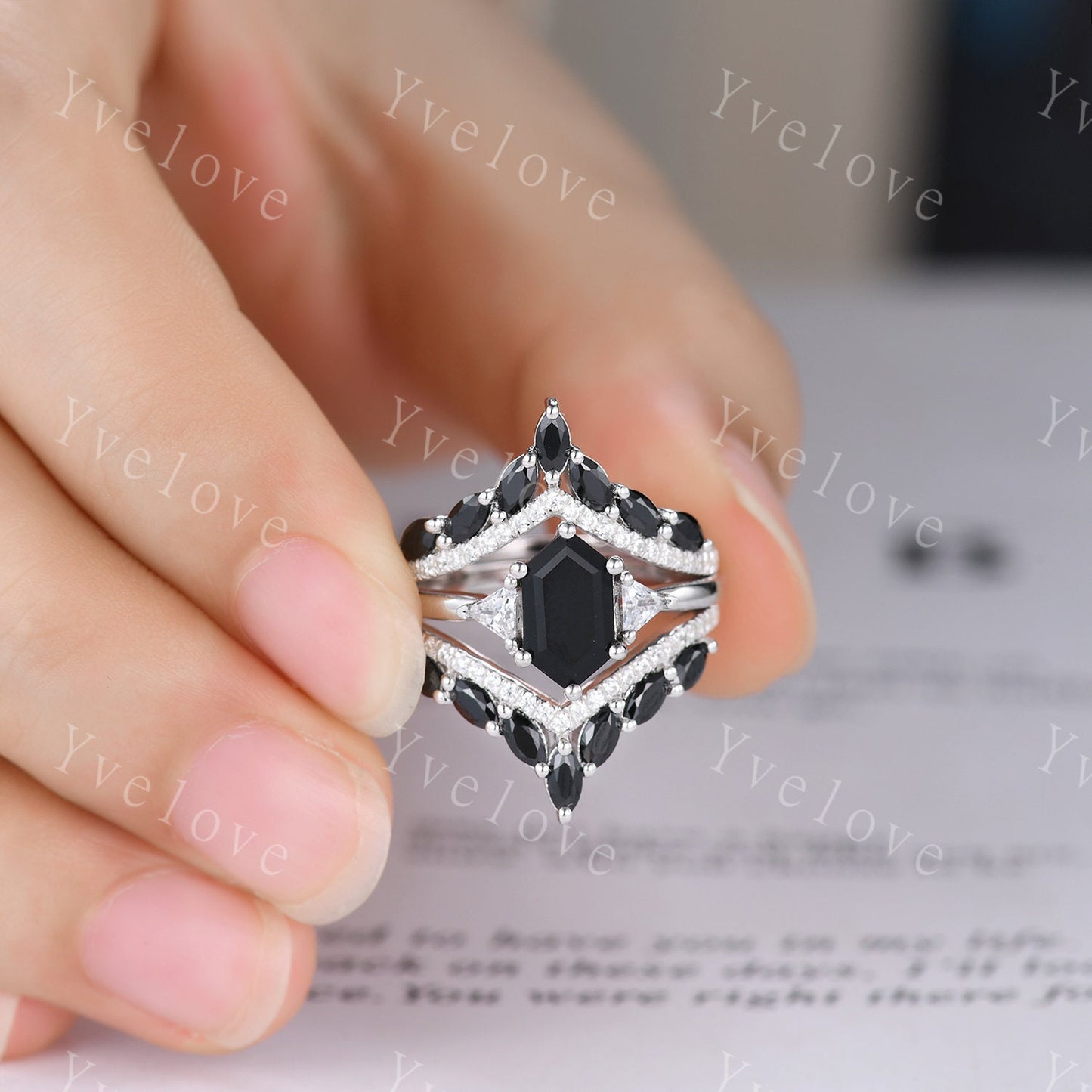Vintage Hexagon Black Onyx Engagement Ring,Black Gems Ring,Silver Ring,Enhancer Band,Women Stacking Wedding Band,Anniversary Bridal Gift