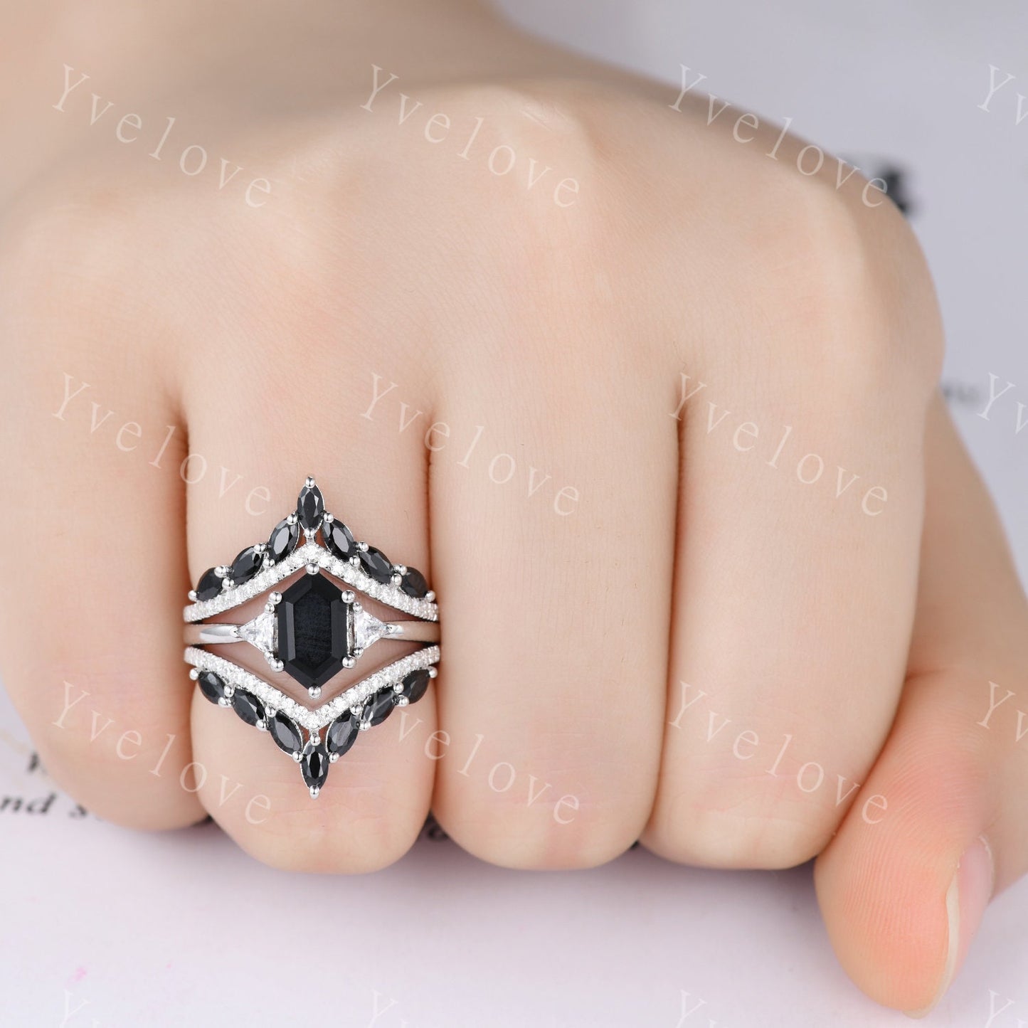 Vintage Hexagon Black Onyx Engagement Ring,Black Gems Ring,Silver Ring,Enhancer Band,Women Stacking Wedding Band,Anniversary Bridal Gift