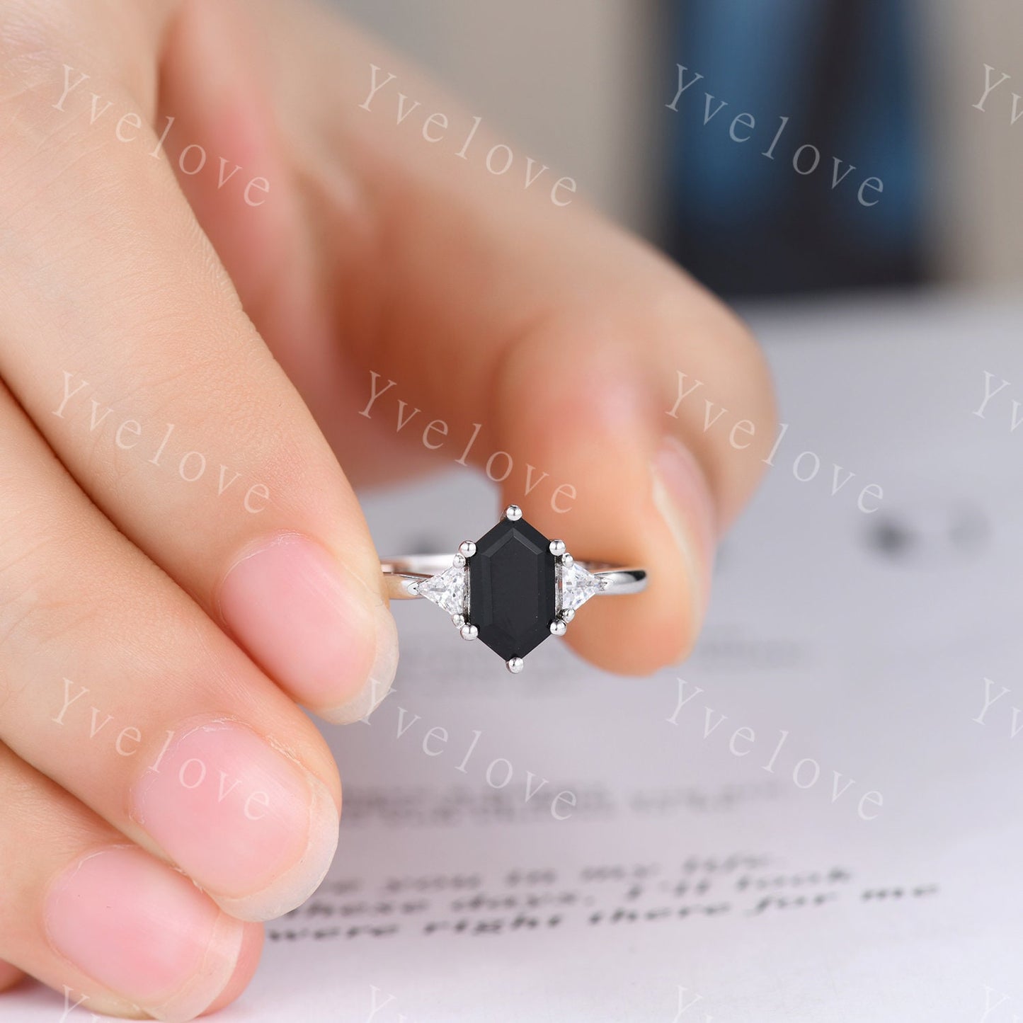Vintage Hexagon Black Onyx Engagement Ring,Black Gems Ring,Silver Ring,Enhancer Band,Women Stacking Wedding Band,Anniversary Bridal Gift
