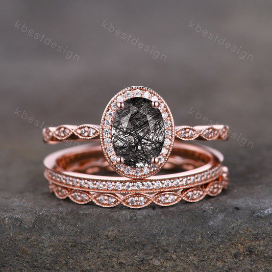 Vintage black rutilated quartz engagement ring 14k rose gold oval cut ring art deco moissanite stacking bands unique bridal wedding ring set