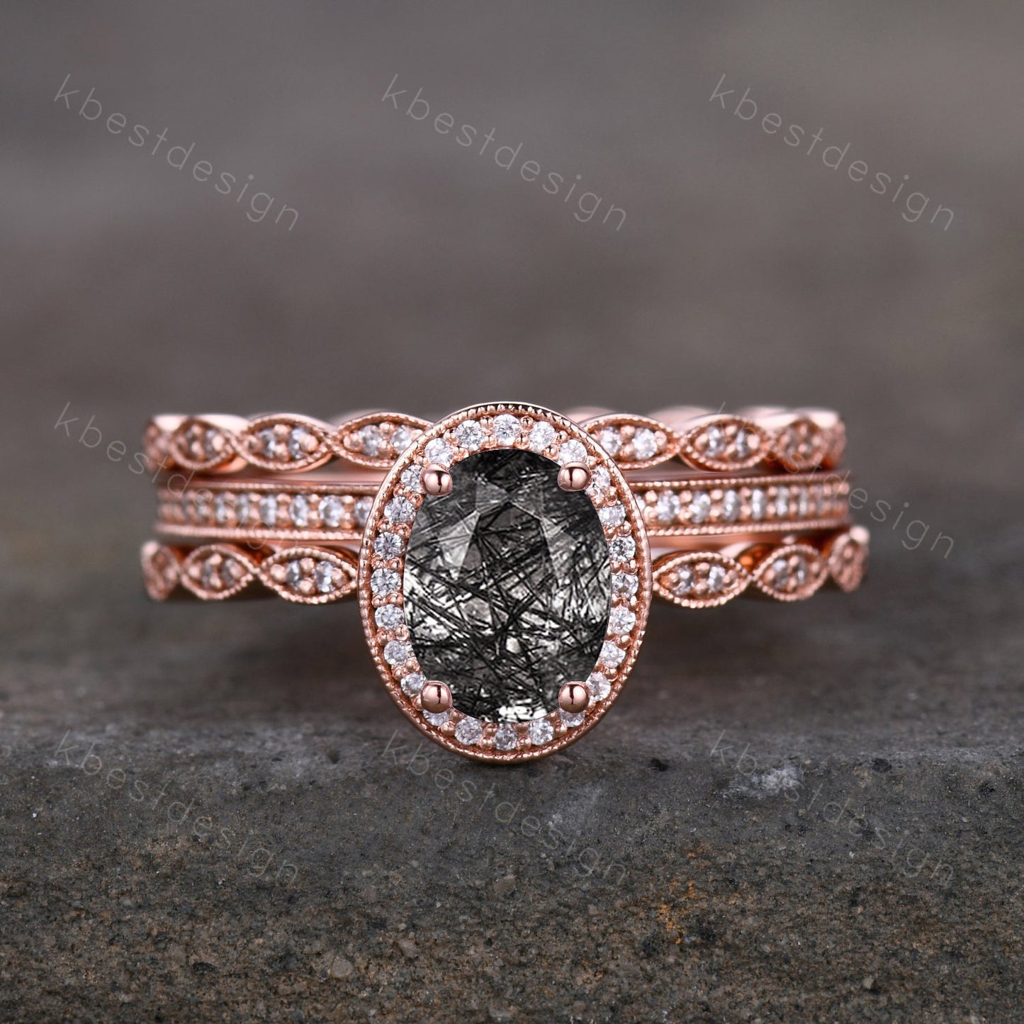 Vintage black rutilated quartz engagement ring 14k rose gold oval cut ring art deco moissanite stacking bands unique bridal wedding ring set