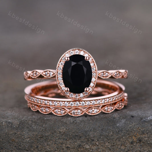 Vintage Unique oval cut Black Onyx engagement ring set rose gold ring set moissanite ring set art deco bridal wedding ring Promise gift