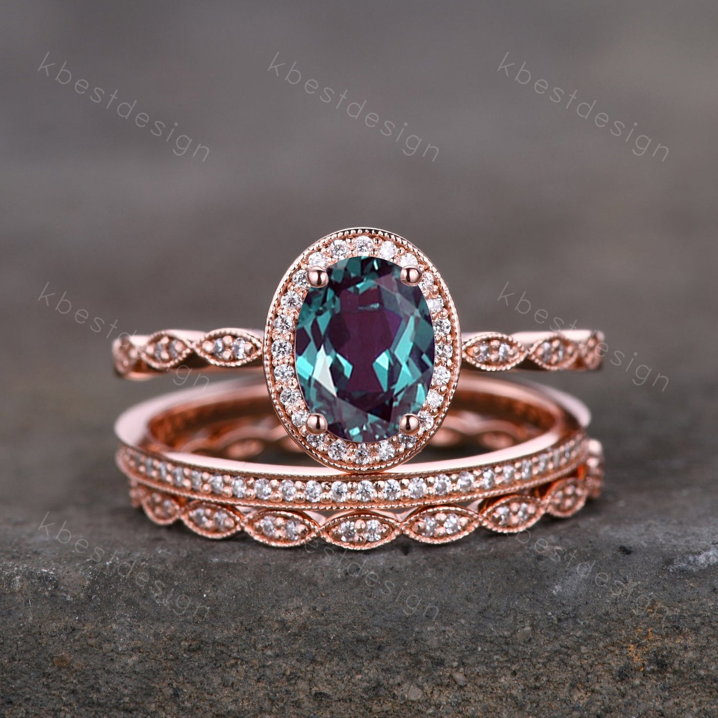 3pcs Alexandrite bridal set oval cut Alexandrite engagement ring set sterling silver vintage moissanite ring unique art deco stacking bands