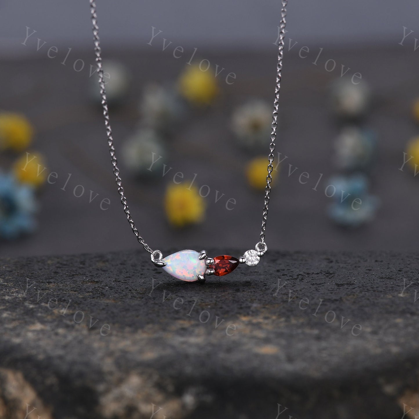 Unique Opal Garnet Necklace,Pear Cut Gems,Art Deco Moissanite Diamond Delicate Dainty Pendant,3 Stone Unique Women Bridal Gift,Silver